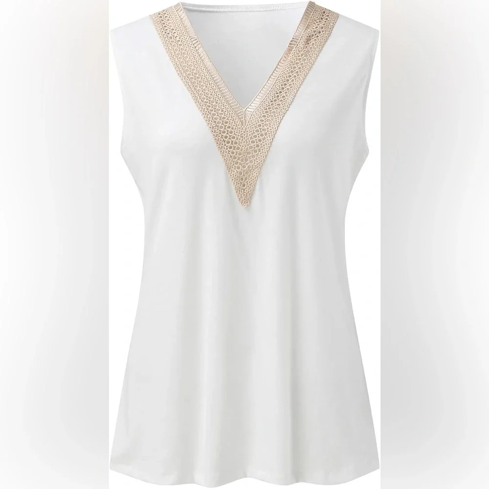 New TeCrew Womens Casual Solid Color V Neck Tank Tops Sleeveless Lace Stitching - Picture 3 of 3